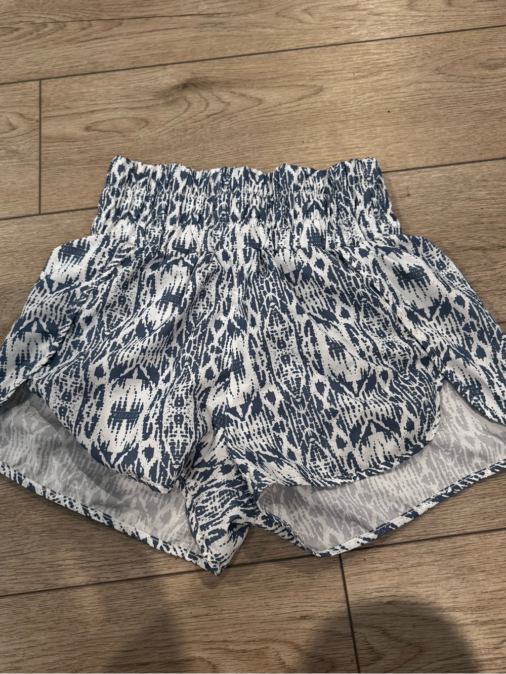High-Rise Blue and White Printed Athletic Shorts with Smocked Waist